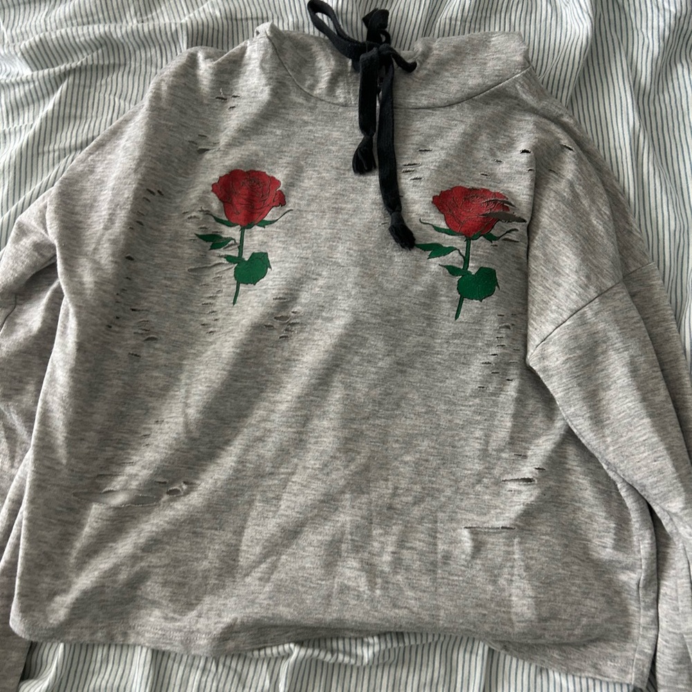 Gray Distressed Sweater with Red Rose Design
